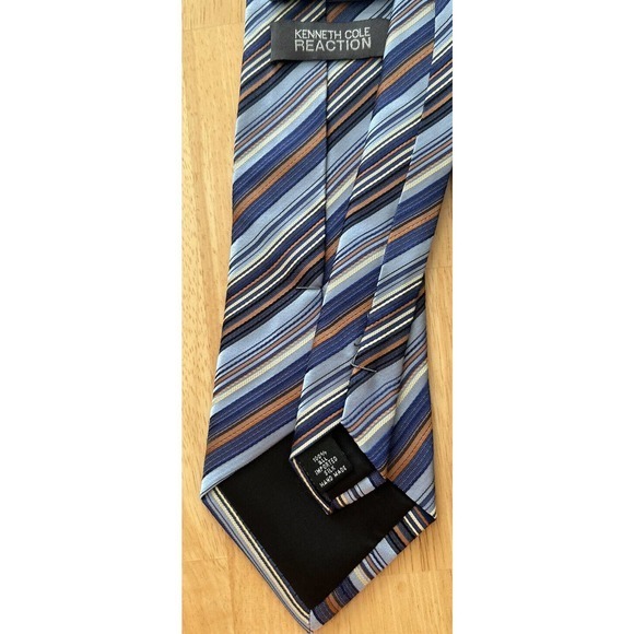 Kenneth Cole Reaction Blue Tan Striped Handmade 100% Silk 3.75” Men’s Tie - Picture 4 of 4
